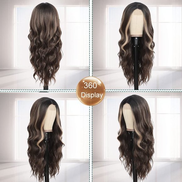 26 Inch  Wavy Ombre Brown Highlights Wig - Picture 3 of 6